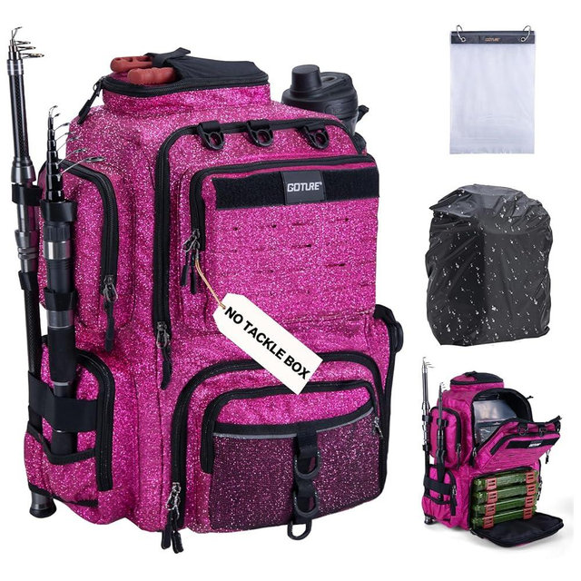 Goture Fishing Backpack, 900D Water-Resistant Tackle Backpack with Rod Holders, 45L Large Fishing Bag Storage Gear Tackle Bag with 8 Lure Pockets, Rain Cover for Camping Hiking(Without Tackle Box)