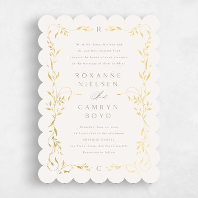 Beige Scalloped Wedding Invitation - Clarissa Portrait Foil