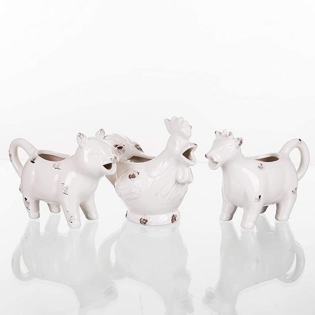 Farm Animal Cow Rooster Glossy White 8 x 6 Dolomite Ceramic Creamer Set of 3