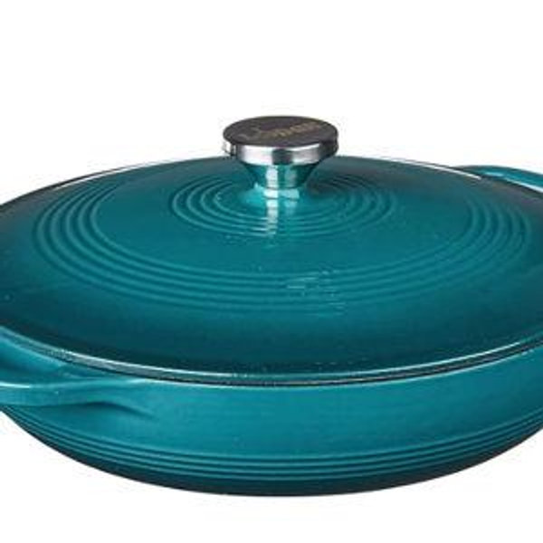 Lodge 3.6 Quart Enameled Cast Iron Covered Casserole with Lid – Dual Handles – Oven Safe up to 500° F or on Stovetop - Use to Marinate, Cook, Bake, Refrigerate and Serve – Lagoon