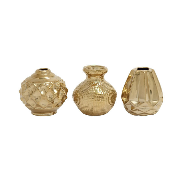 Small, Round Metallic Pots with Textural Finishes, Set of 3