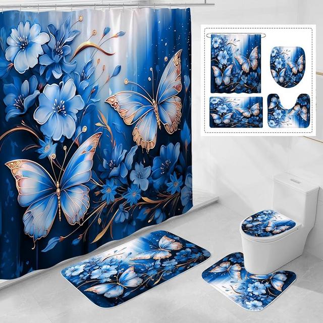 Litabel 4 Pcs Navy Blue Floral Butterfly Shower Curtain Set with Non-Slip Rugs, Modern Toilet Lid Cover and Bath Mat, Elegant Bathroom Decor Set with Shower Curtain and Rugs(Hooks Not Included)