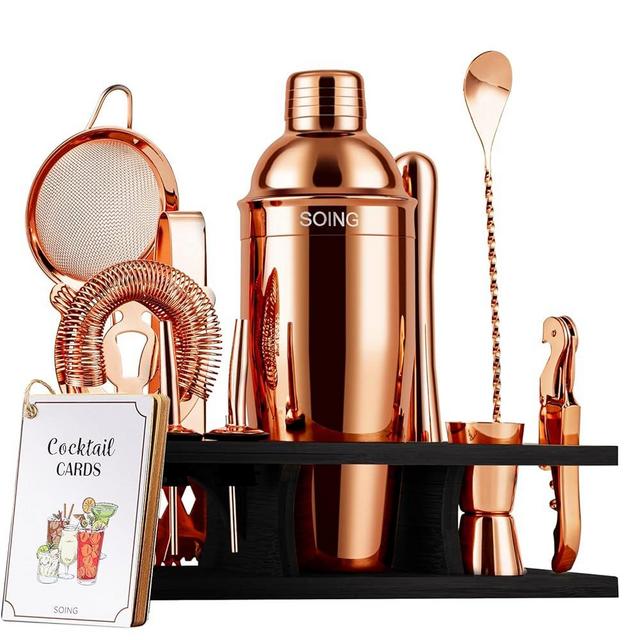 SOING 11-Piece Mixology Bartender Kit with Stand,Bar Kit Cocktail Shaker Set with All Essential Accessories:Martini Shaker,Spoon,Muddler,Strainer,Jigger,Tongs,Liquor Pourers