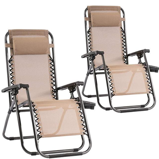 Zero Gravity Chairs Set of 2 with Pillow and Cup Holder Patio Outdoor Adjustable Dining Reclining Folding Chairs for Deck Patio Beach Yard (Tan)