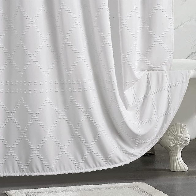 YoKii Boho Modern Farmhouse Shower Curtain in White 78 Inches, Shabby Chic Chenille Tufted Macrame Geometric Striped Minimalist Cute Fabric Shower Curtains Set Vintage Bohemian Bathroom Deocr
