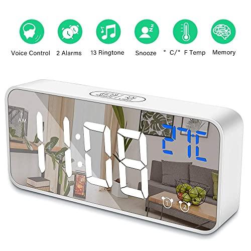 Digital Alarm Clock for Bedroom,Desk Clock with USB Port,Adjustable Volume & Brightness Dimmer with 2 Alarm Settings,13 Ringtones,12/24Hr,Temp Detect Sound Control for Desk Bedroom Bedside Office