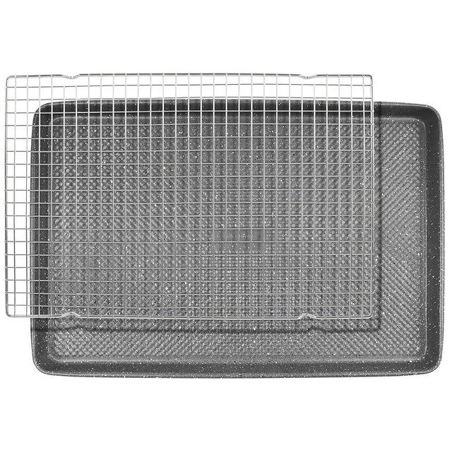 David Burke 17x11 Cookie Sheet with Chrome Cooling Rack – Carbon Steel, PFTE & PFOA Free, Oven Safe, Non-Toxic, Perfect for Baking and Roasting – Gray Speckle