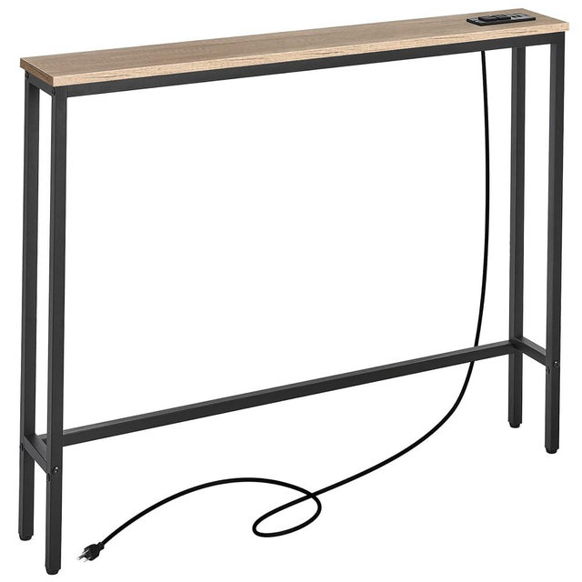 ELYKEN 5.9" Narrow Console Sofa Table with Power Outlets and USB Port, 5.9" Dx39.4 Wx31.1 H Long Behind Couch Table with Metal Frame and 6.5’ Extension Cord, White Oak