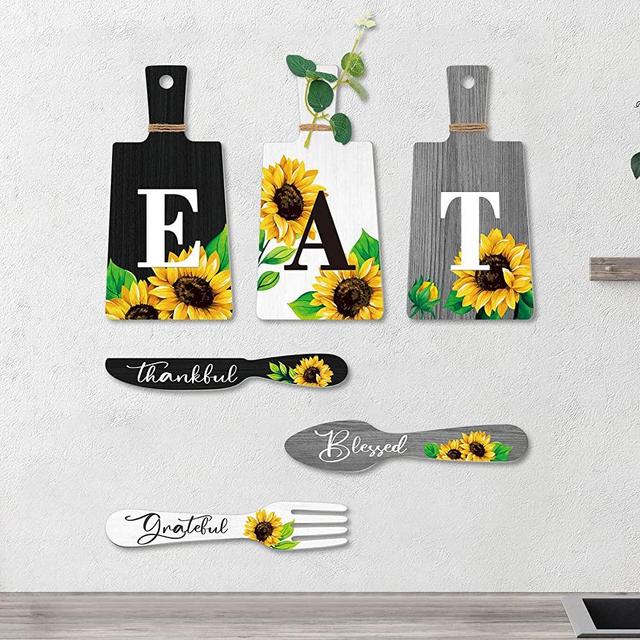Bucherry 6 Pieces Sunflower Kitchen Decor Eat Signs Fork and Spoon Wooden Kitchen Wall Decor Hanging Plaques Spring Summer Rustic Farmhouse Kitchen Wall Art Decor for Dining Room (Black, White, Gray)