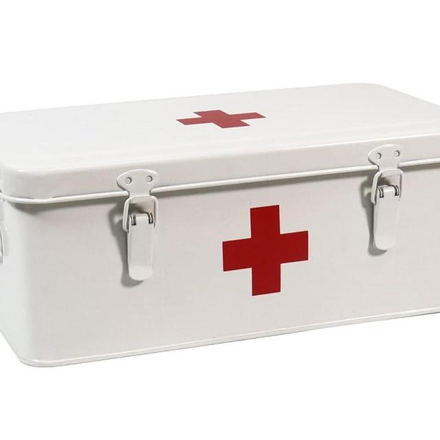 Xbopetda First Aid Medicine Box, First Aid Kit Supplies Bin, Metal Medicine Storage Tin, First Aid Empty Box with Safety Lock for Home Emergency Tool Set-White