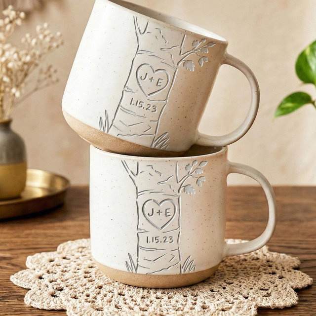 Personalized Engraved Couple Pottery Mug, Wedding Gift, Custom Carved Initials In A Heart Tree Couple Mug, Engagement Gifts, Newlywed Gift