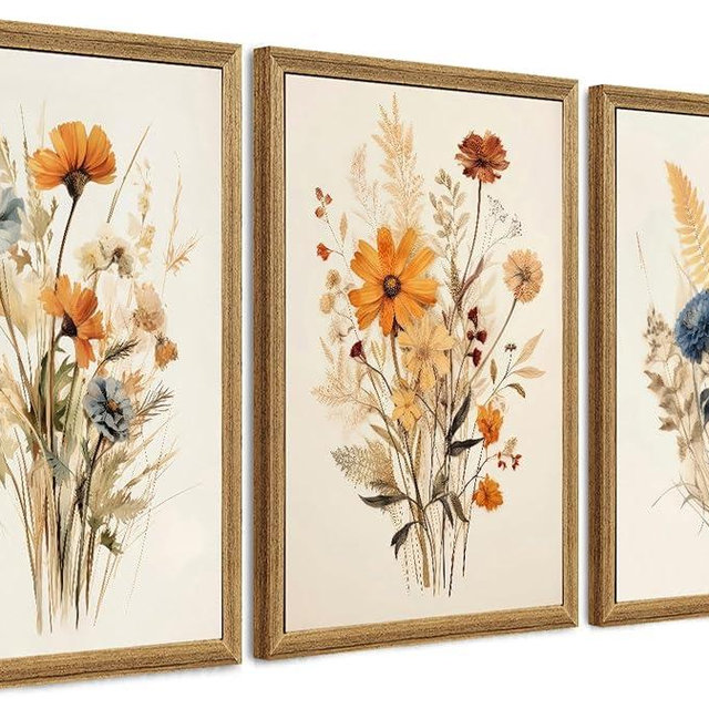 Framed Vintage Wildflower Canvas Wall Art Set of 3 Floral Country Farmhouse Watercolor Flowers Prints Rustic Wood Frame Botanical Artwork Poster for Bedroom Living Room Girls Room Decoration 16" x 24"