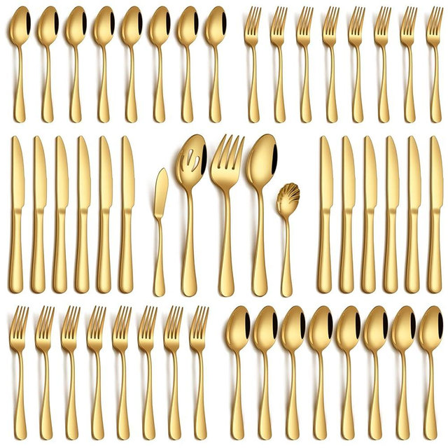 PHILIPALA 45 Piece Gold Silverware Set with Serving Utensils, Stainless Steel Flatware Set for 8 Food Grade Cutlery Utensil Set Include Knife Fork Spoon Mirror Polished Dishwasher Safe