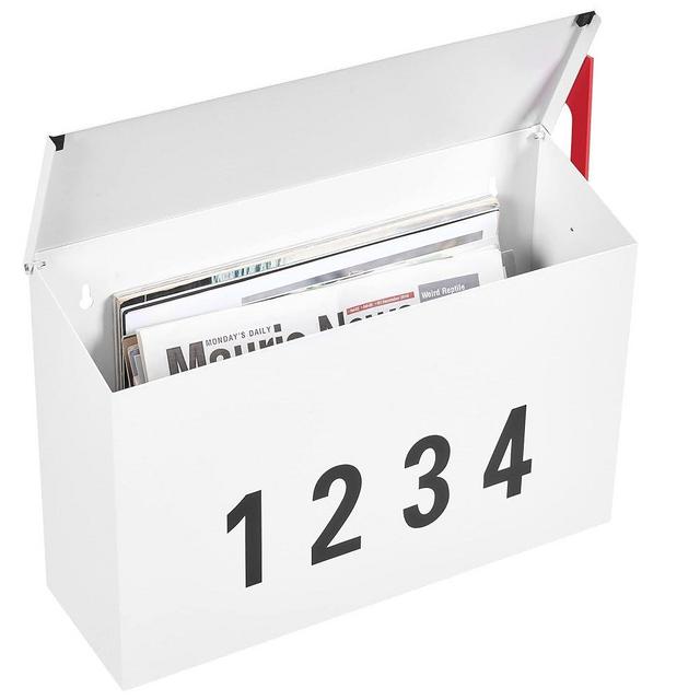 LAND·VOI Wall-Mount Mailbox with One Flag Kit and Three Sets of 0-9 Mailbox Number Stickers, Galvanized Steel Rust-Proof Metal Post Box,Mailboxes for Outside,15.2"x10.4"x5.2" Textured White