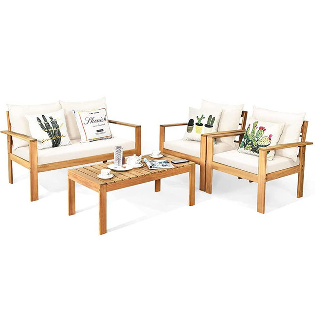 Tangkula Outdoor 4-Piece Acacia Wood Chat Set, 4 Seater Acacia Wood Conversation Sofa and Table Set with Water Resistant Cushions, Teak Finished (1, White)