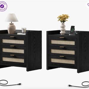 Ashvir Rattan 3-Drawer Nightstand With Built-In Outlets (Set of 2) - Black