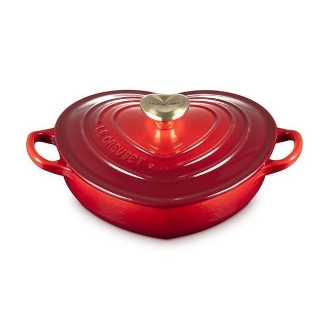Le Creuset Enameled Cast Iron Traditional Shallow Heart Cocotte, 1.25 Qt., Cerise Light Gold Heart Knob