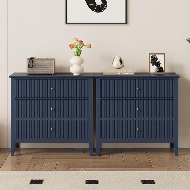 RoyalCraft Fluted 32 inch Wide Nightstand Set of 2, Large Blue Nightstand with 3 Drawer, Modern End Table, Wood Beside Table for Home and Office