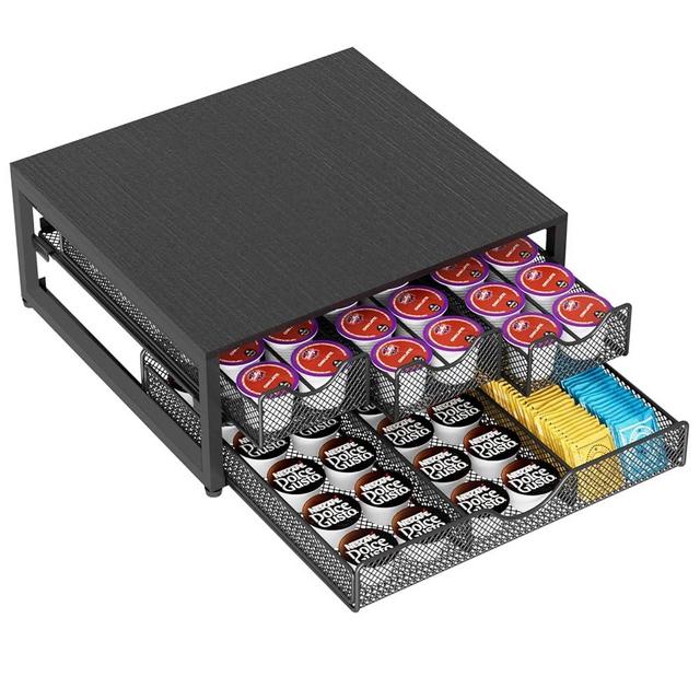Coffee Pod Holder For Counter, 3 Pull-Out 72 K-Cup Holder Drawer, Wooden Cafe Pods Storage Organizer with Sliding Drawers for Coffee Station, Home, Kitchen, Office, Dorm, Black