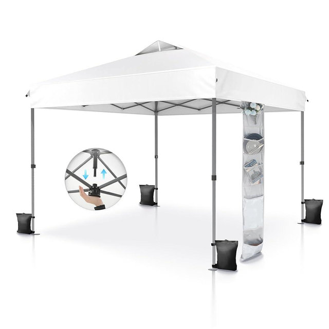 PHI VILLA 10x10 Pop Up Canopy Tent - One Push Setup, Instant Shade Tent with Vented Roof for Beach & Events - Includes Storage Bag, Sandbags, Stakes & Ropes (White)