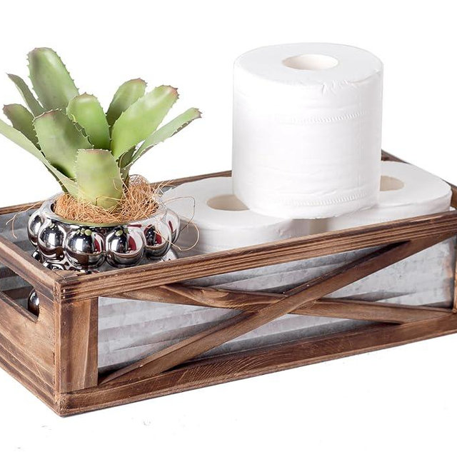 Wooden Toilet Tank Basket, Rustic Bathroom Decor Box, Farmhouse Toilet Paper Organizer Holder, Decorative Bathroom Storage Basket, Barn Door (Brown)