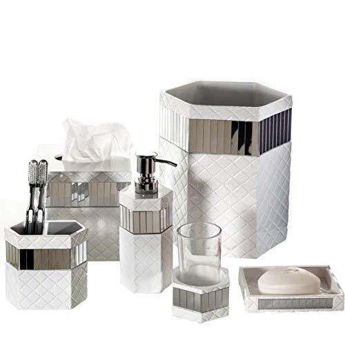 Creative Scents Quilted Mirror Bathroom Accessories Set, 6 Piece Bath Set Collection Features Soap Dispenser, Toothbrush Holder, Tumbler, Soap Dish, Tissue Cover, Wastebasket (White)