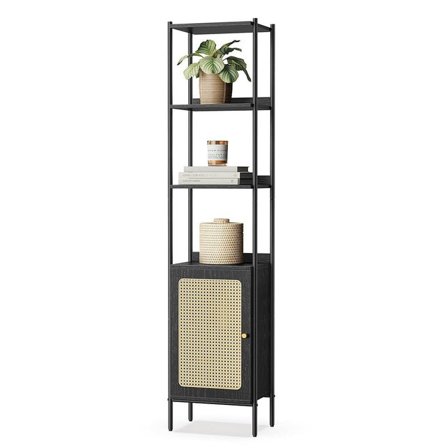 VASAGLE 6-Tier Bookcase, Bookshelf with Rattan-Like Door, Boho Style, Freestanding 15.7-Inch Wide Storage Shelf, Metal Frame, Adjustable Shelf, for Living Room, Ebony Black and Matte Black ULLS122B56