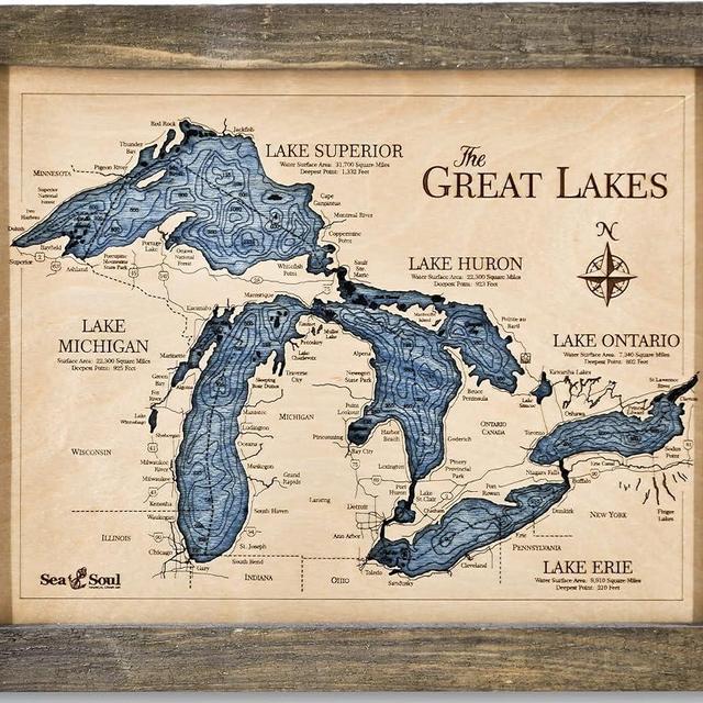 Sea & Soul Great Lakes Nautical Decor Wall Art, 13"x16" 3D Wood Map, Handcrafted Unique Gifts, Carved Lake Art, Lake House Decor (Rustic Pine/Deep Blue)