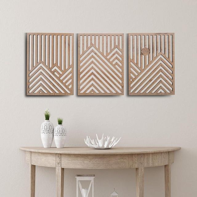 qmmp Modern Mountain and Sun Wall Sculptures - Set of 3 - MDF - Oak - Home Decor Accent - Large Wall Art for Living Room, Bedroom, Office - Easy Installation