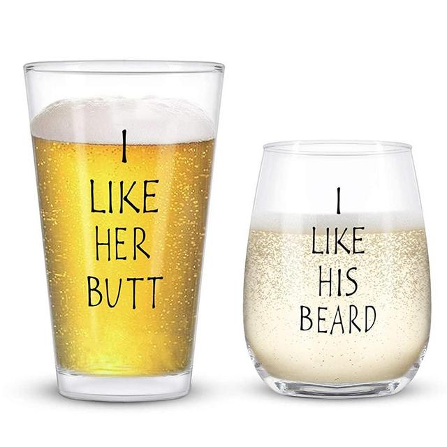 I Like His Beard, I Like Her Butt Wine Glass and Beer Glass Set- Funny Glass Set for Couples Husband Wife Him Hers - Novelty Gift for Wedding Engagement Anniversary Birthday Christmas Valentine’s Day