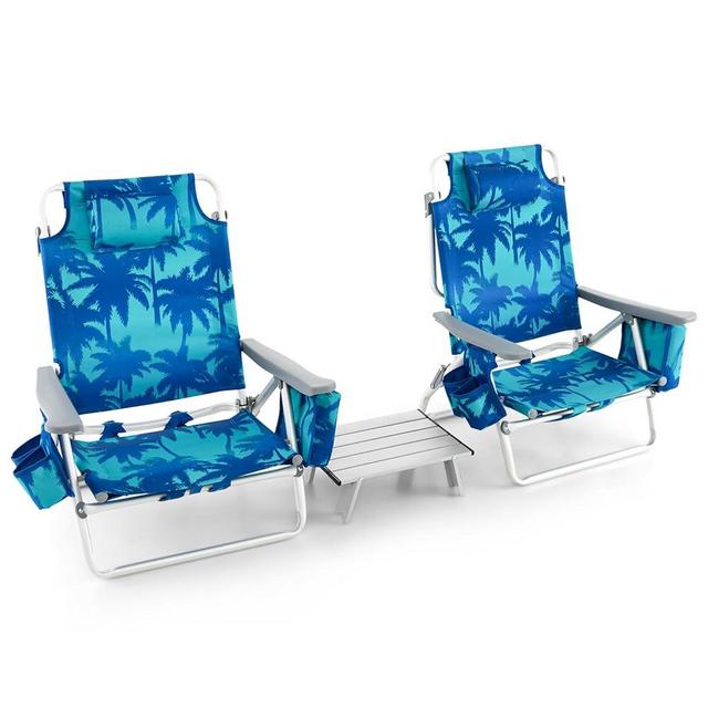 Goplus Backpack Beach Chairs, 3 Pcs Portable Camping Chairs with Cool Bag and Cup Holder, 5-Position Outdoor Reclining Chairs for Sunbathing, Fishing, Travelling (Light Blue, with Side Table)