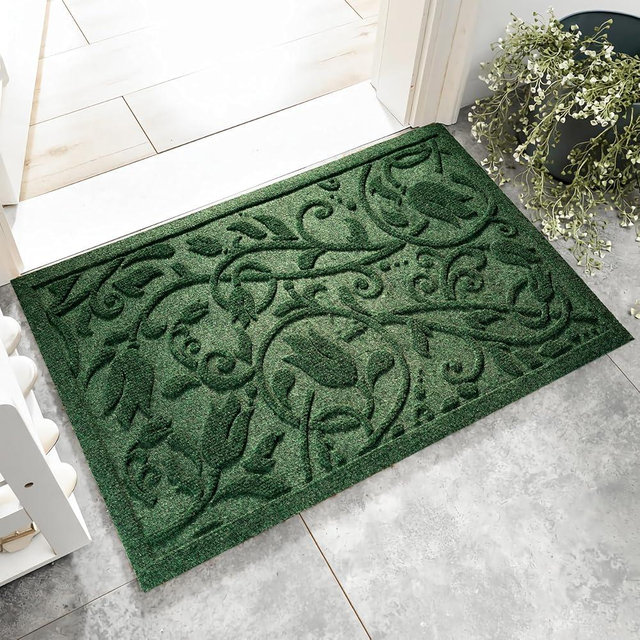 VivaNest Boho Green Floral Leaves Outdoor Indoor Entrance Doormats, Absorbent Durable Heavy Duty Welcome Front Door Mat,Thick Natural Rubber Back,Easy Clean Entryway Mat 17x30 Inch, Low Profile