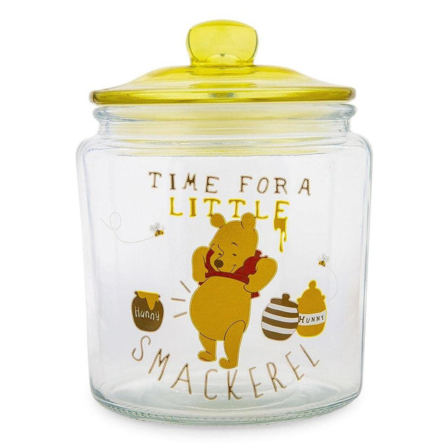 Disney Winnie the Pooh "Time For A Little Smackerel" Glass Snack Jar Container With Lid | Kitchen Food Storage For Snacks, Candy | 6 Inches Tall
