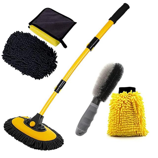 BMLEI Car Wash Brush with Long Handle, Chenille Microfiber Car Wash Mop Mitt with 1 Replacement Head, Car Wash Wheel Brush Extension Pole Car Brush Cleaning Kit Car Wash Towels for Cars Trucks 5PCS