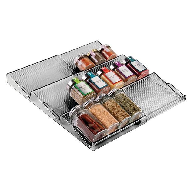 mDesign Expandable Plastic Deluxe Spice Rack, Drawer Organizer for Kitchen Cabinet Drawers - 3- Tier Slanted for Spice Jar, Food Seasoning Bottle Storage, Easy Install - Ligne Collection - Smoke Gray