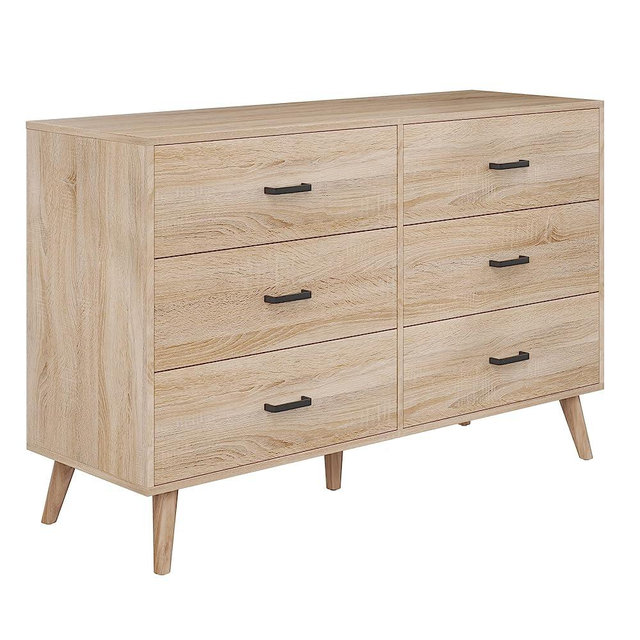Bigbiglife Mid Century Modern 6 Drawer Dresser for Bedroom, Wood Dresser with Metal Handles, 15.7" D x 47.2" W x 32" H, Light Oak