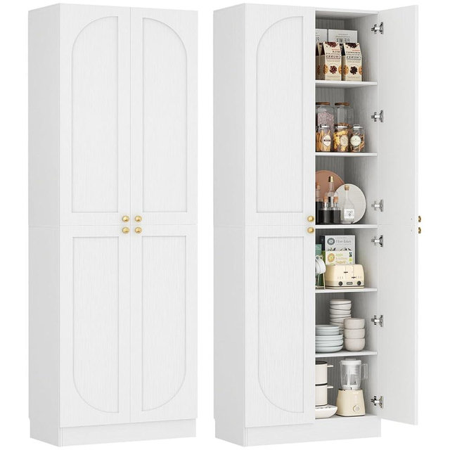 Cyclysio 80" Kitchen Pantry, Extra Tall Arch Storage Cabinet with 4 Doors and Adjustable Shelves, Freestanding Wood Cupboard with Seamless Fit Wall for Dining Living Room Bathroom Furniture