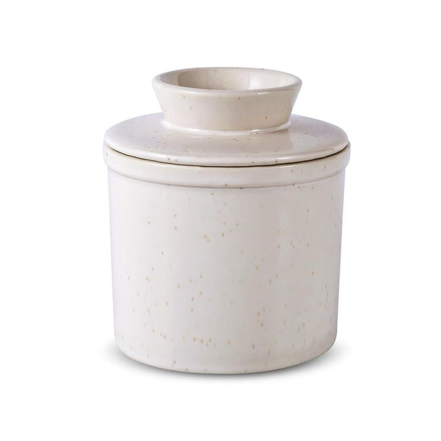 Premium Butter Crock with Lid - Elegant French Butter Keeper for Fresh & Spreadable Butter - Countertop Porcelain Butter Container with Water Seal - Effortless Spreading & Daily Use (Speckled White)