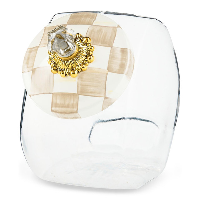 Mackenzie-Childs Mocha Check-Lid Clear Glass Cookie Jar