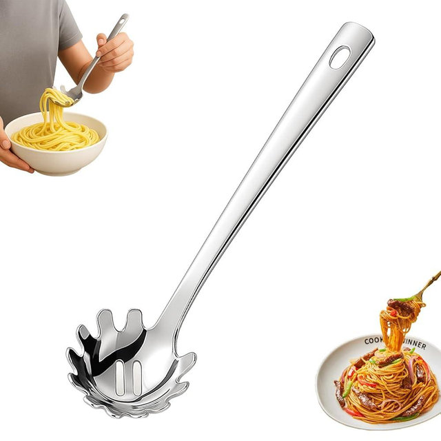 Stainless Steel Pasta Spoon with Teeth Pasta Server & Spaghetti Spoon with Drain Holes for Noodles, Pasta, Cooking & Serving (Silver)