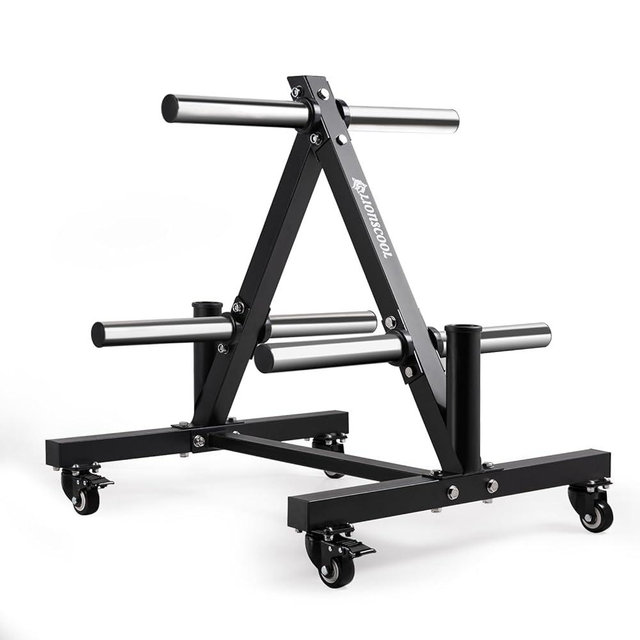 LIONSCOOL 2-Inch Olympic Weight Plate Tree and 2 Barbell Holders, Bumper Plate Storage Rack with Optional Wheels, 650LBS/1000LBS Weight Capacity Available