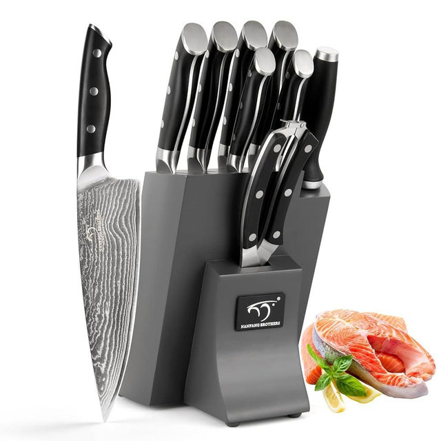 NANFANG BROTHERS Knife Set, 9 Pieces Damascus Kitchen Knife Set with Block, ABS Ergonomic Handle for Chef Knife Set, Knife Sharpener and Kitchen Shears, Knife Block Set