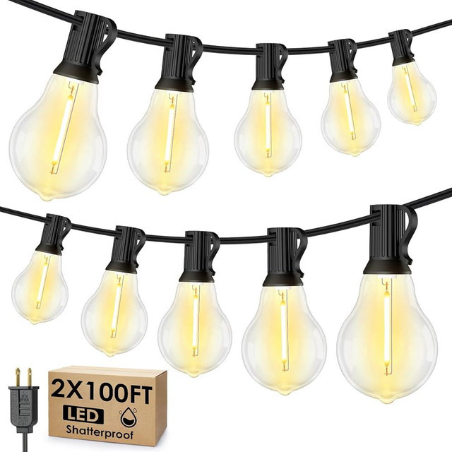 Larkvue 200FT(2x100FT) Outdoor String Lights, LED Patio Lights with 83 Waterproof Shatterproof A39 Dimmable Bulbs(3 Spare) for Balcony-2 Pack Black