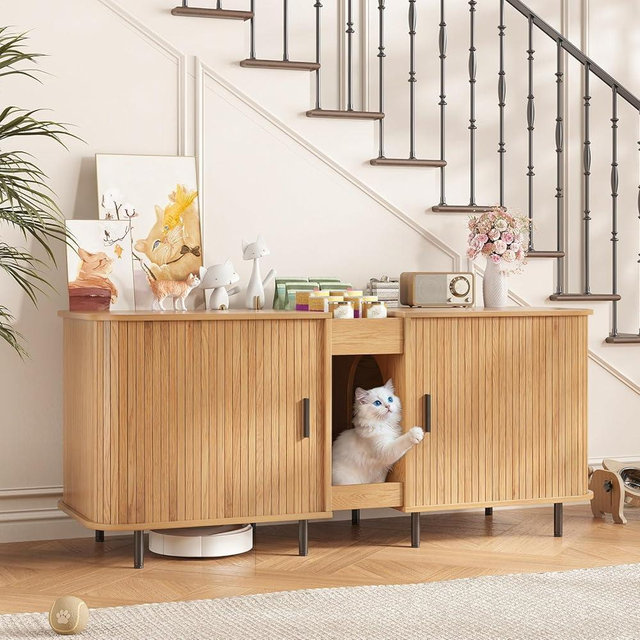 Halitaa Double Litter Box Enclosure for 2 Cats, 55" Litter Box Furniture Hidden with Cat Scratch Pad, Large Indoor Cat House with Double Room, Wooden Litter Box Cabinet, TV Stand, Natural