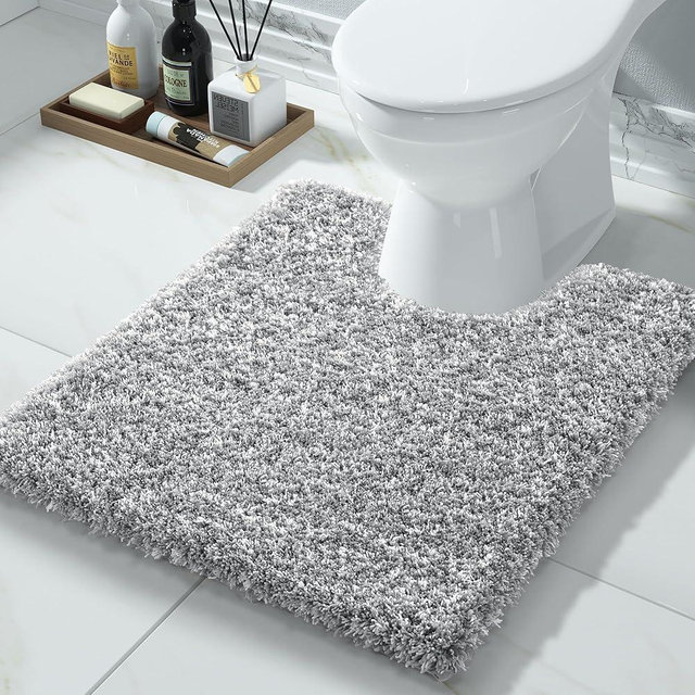 Yimobra Toilet Rugs U Shaped Washable 24x20, Ultra Soft and Water Absorbent Bath Mats, Non Slip Fluffy Shaggy Luxury Microfiber Contour Bath Rugs for Toilet, Dry Quick, Light Gray and White