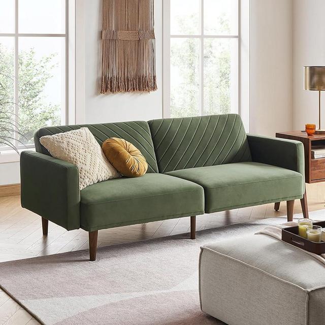 mopio Chloe Futon Sofa Bed, 77.5", Couch, Small Sofa, Sleeper Sofa, Loveseat, Mid Century Modern Futon Couch, Sofa Cama, Couches for Living Room (Premium Velvet Olive Green)
