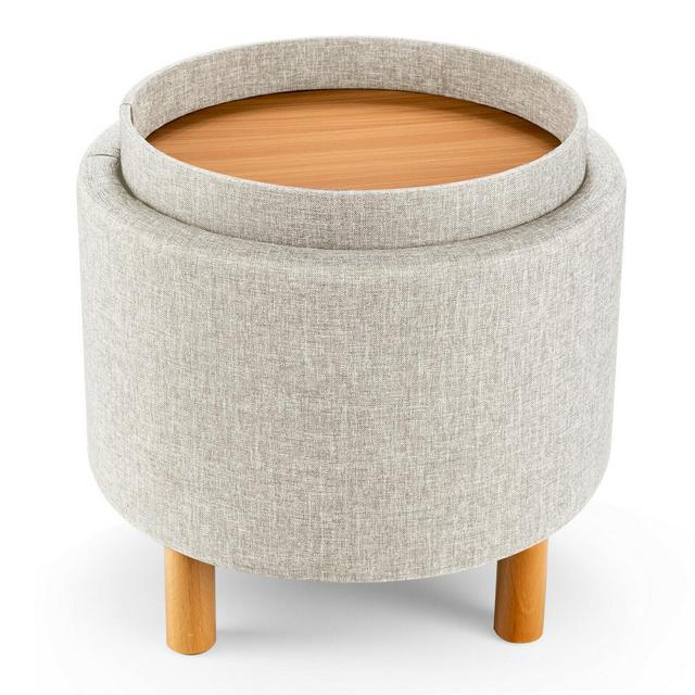 Costway Round Storage Ottoman w/Tray Top Accent Padded Footrest w/Wood Legs Beige