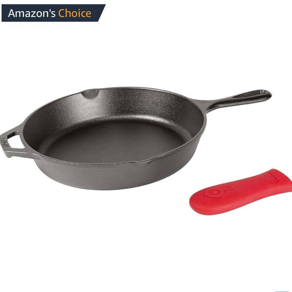 12 in Lodge Cast Iron Skillet with Red Silicone Hot Handle Holder