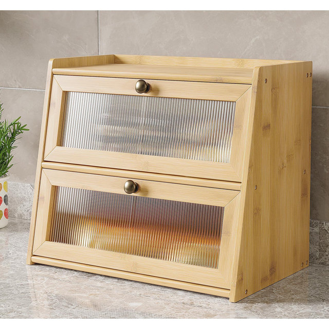 Double Bread Box, Bamboo Kitchen Countertop Organizer, Large Capacity Bread Rack with Window (nature）