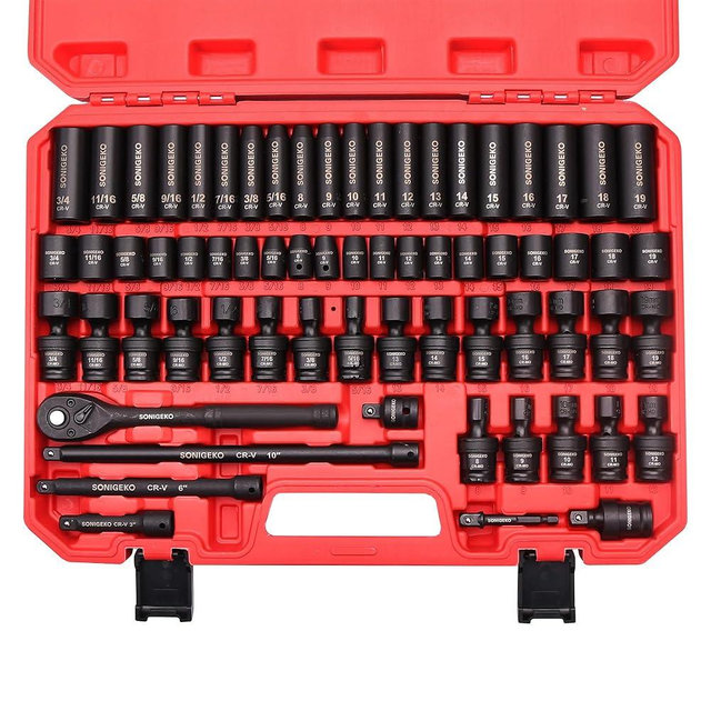 SONIGEKO Socket Set 3/8" Impact 67-Piece Metric and Sae 6 Point CR-V Steel Sockets with extension bars, 20-piece Swivel Sockets (Metric and SAE and Swivel, 3/8" Socket set,67pcs)